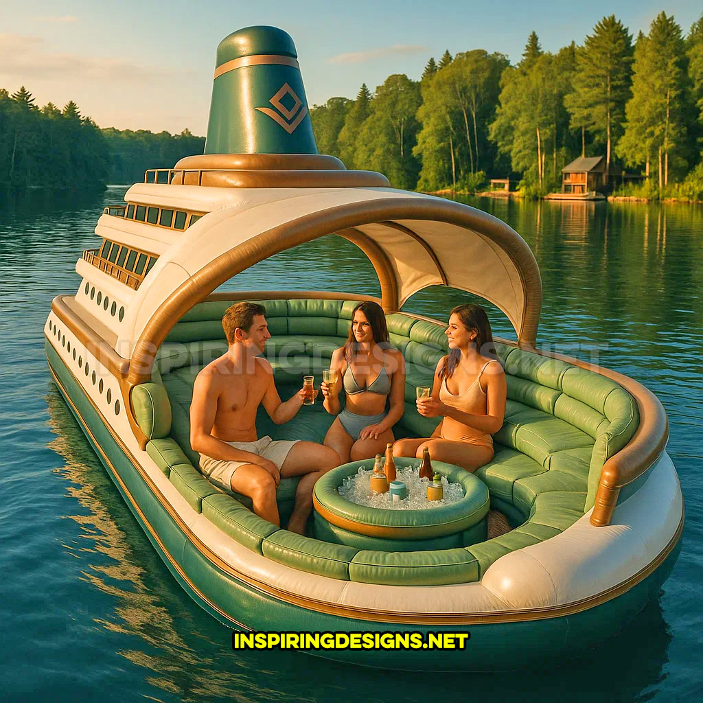 inflatable cruise ship shaped lake float in a green and bronze color