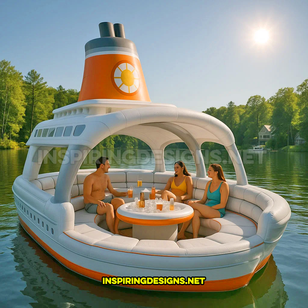 inflatable cruise ship shaped lake float in a orange and white color