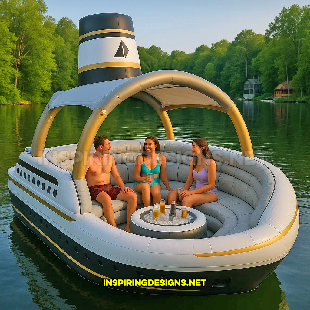 inflatable cruise ship shaped lake float in a black and white color