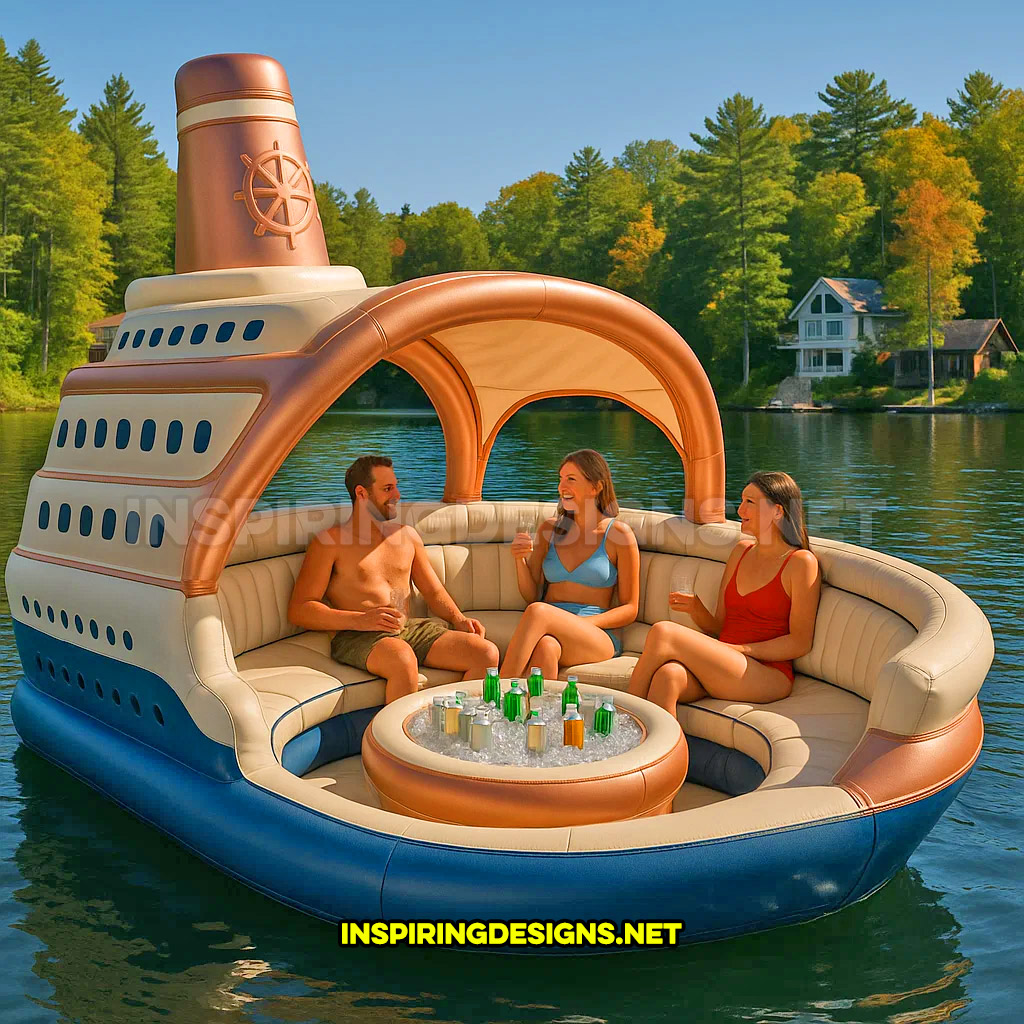 inflatable cruise ship shaped lake float in a copper and blue color