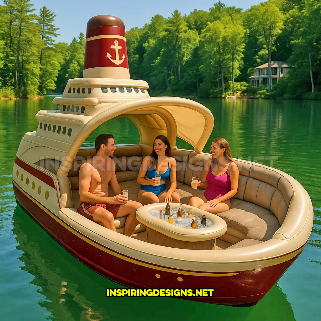 inflatable cruise ship shaped lake float in a maroon and cream color
