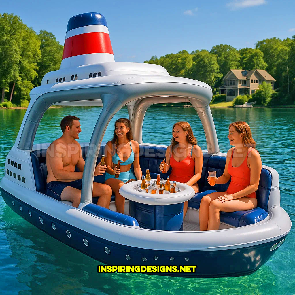 inflatable cruise ship shaped lake float in a white and blue color