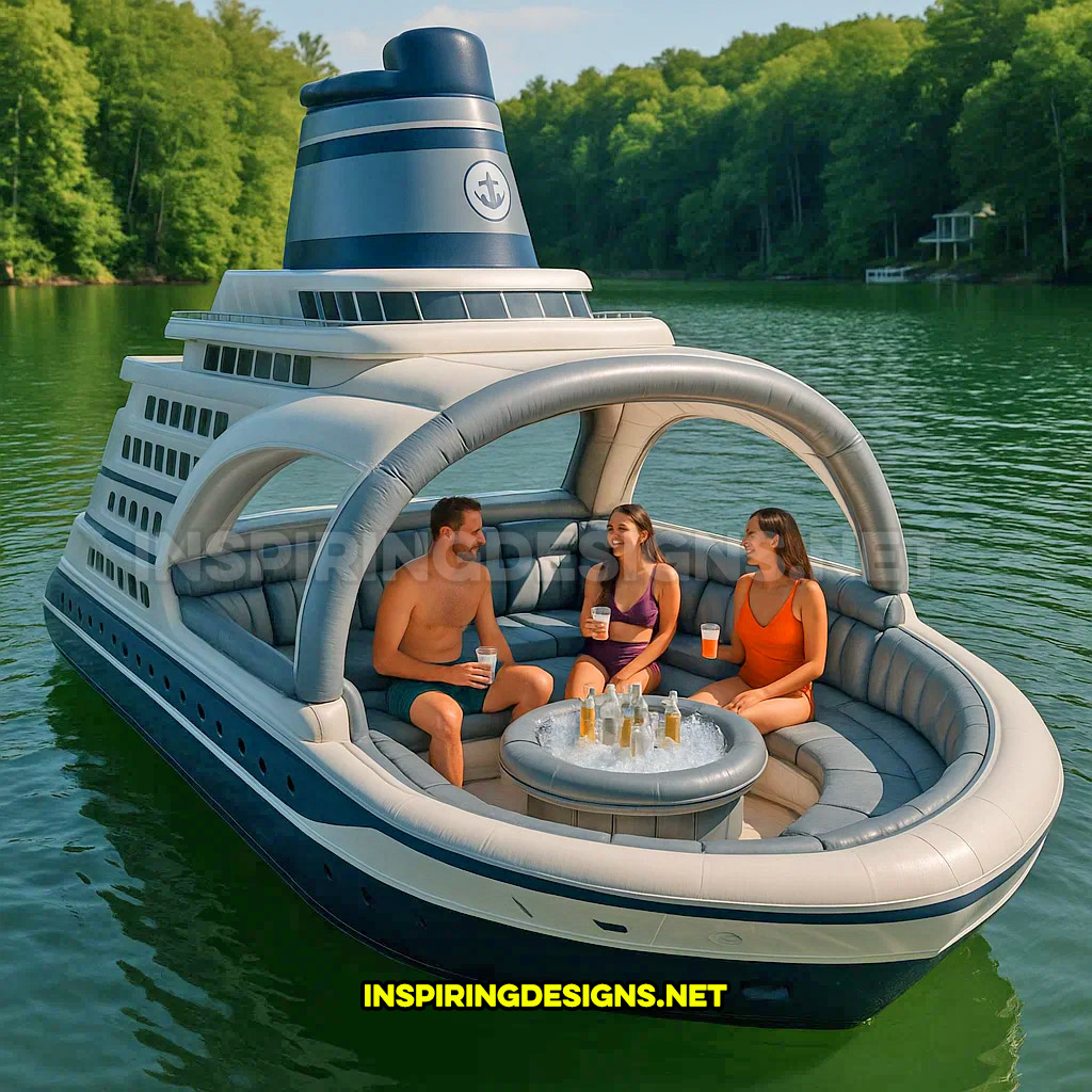 inflatable cruise ship shaped lake float in a blue and cream color