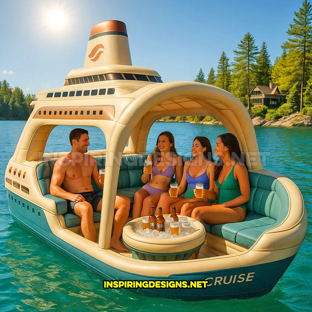 inflatable cruise ship shaped lake float in a green and cream color