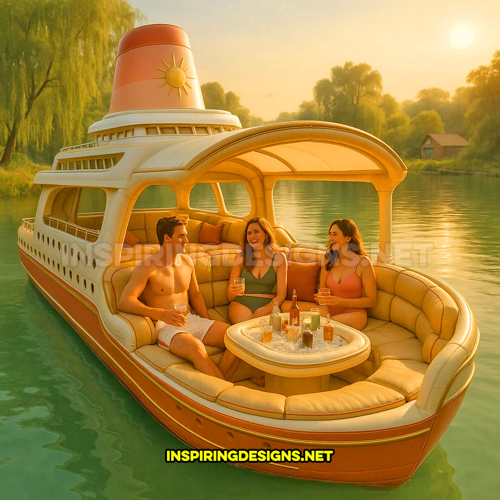 inflatable cruise ship shaped lake float in a gold and cream color