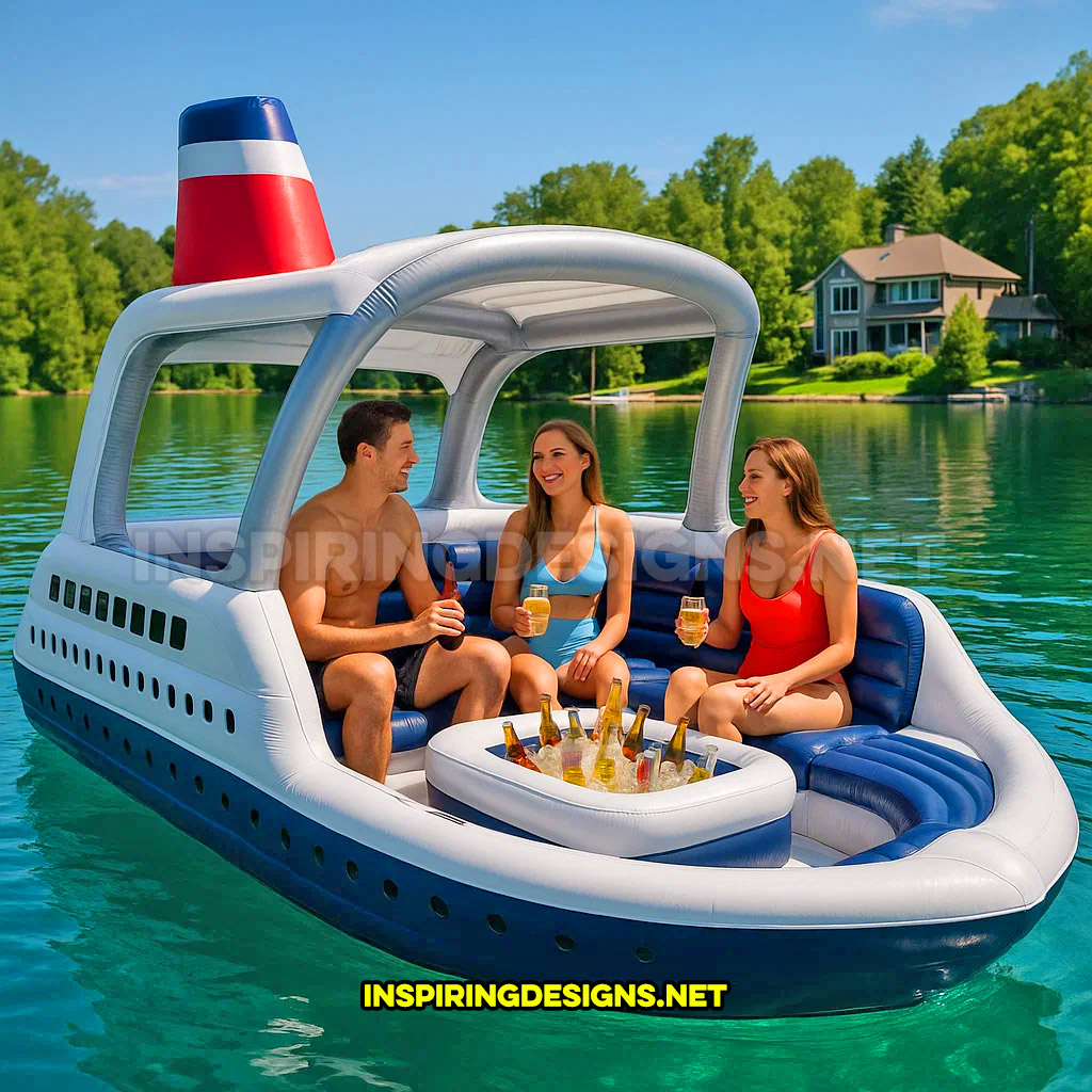 inflatable cruise ship shaped lake float in a red, white, and blue color
