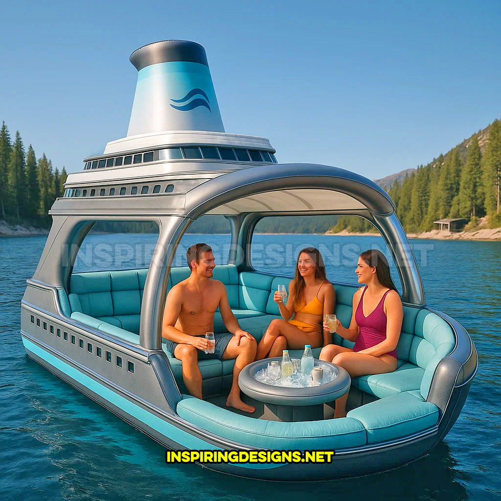 inflatable cruise ship shaped lake float in a grey and turquoise color