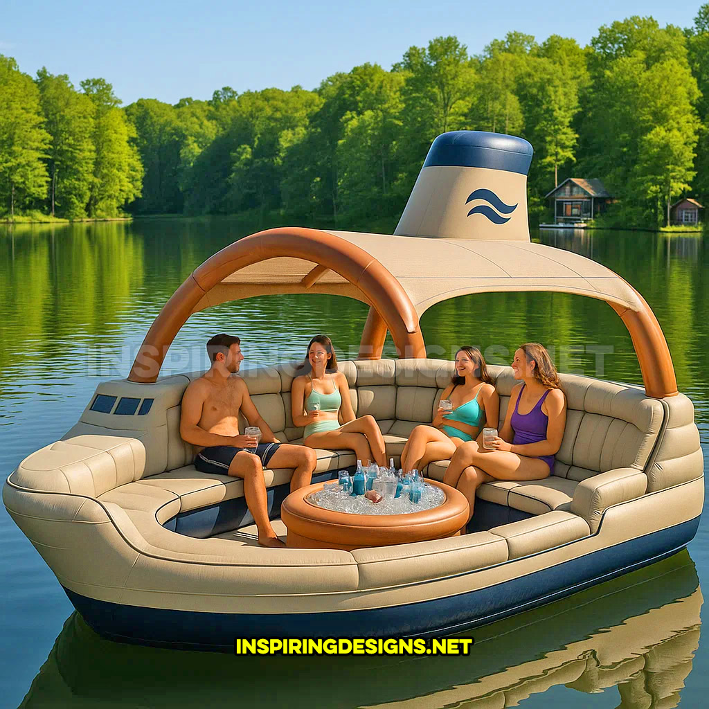 inflatable cruise ship shaped lake float in a copper, blue and cream color