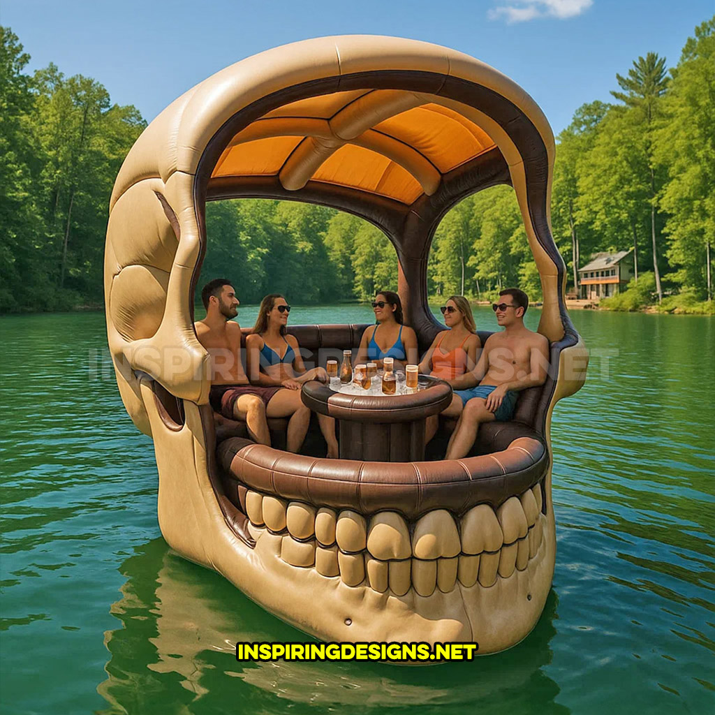 giant inflatable skull shaped lake float in a cream and brown color
