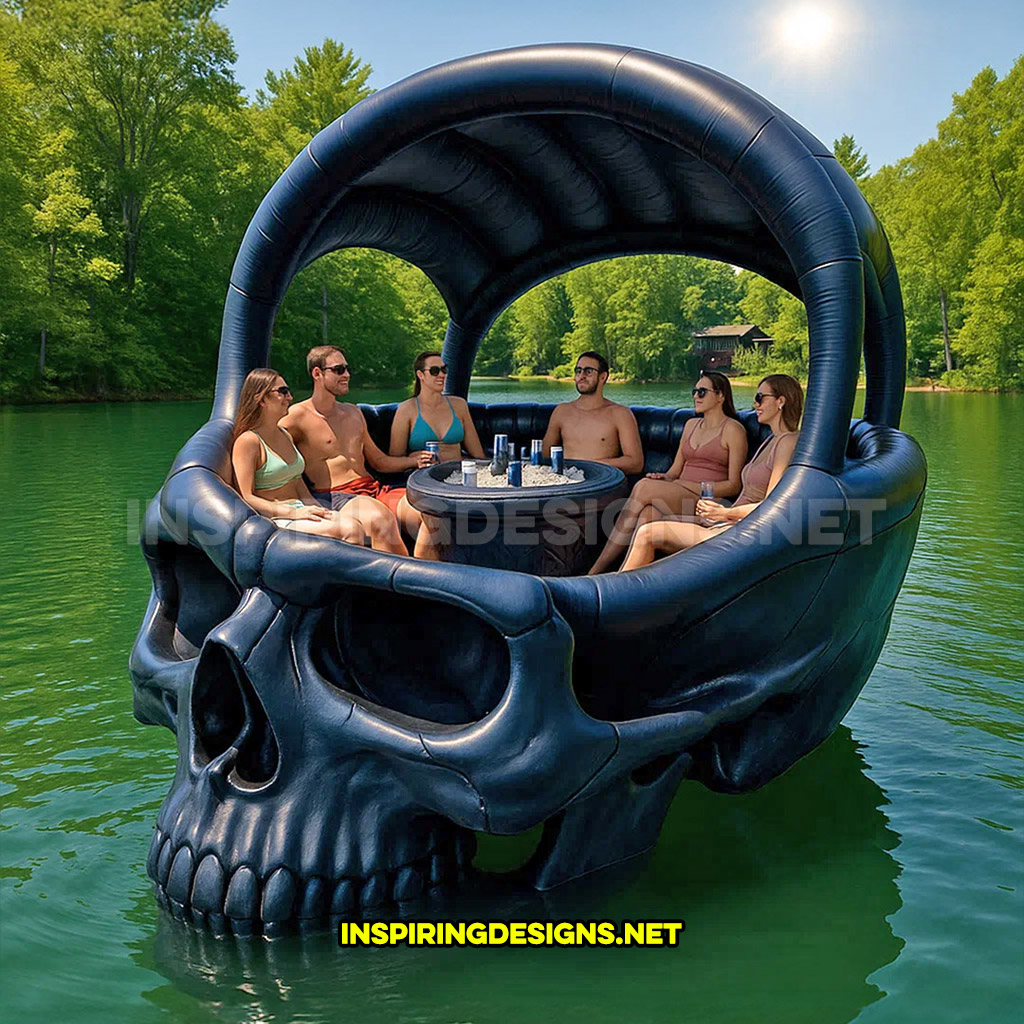 giant inflatable skull shaped lake float in a dark blue and black color