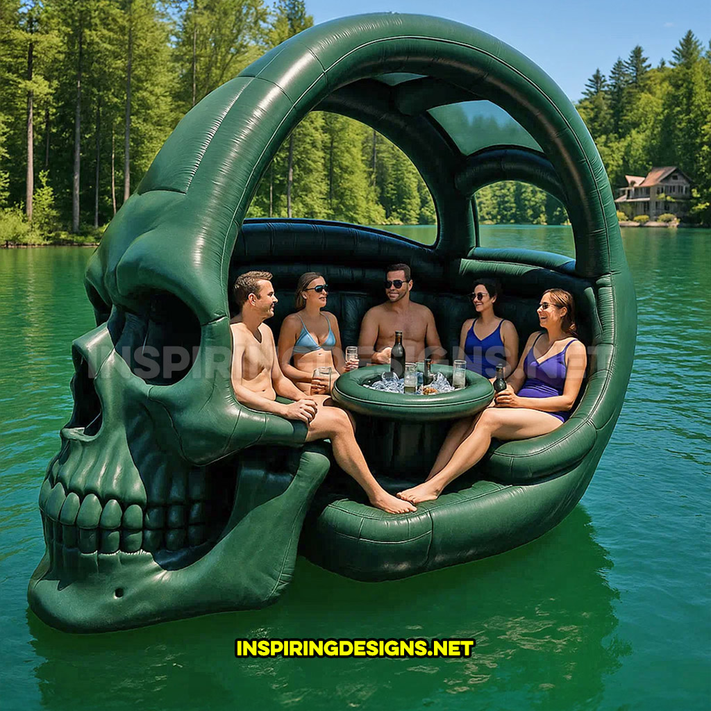 giant inflatable skull shaped lake float in a dark green color