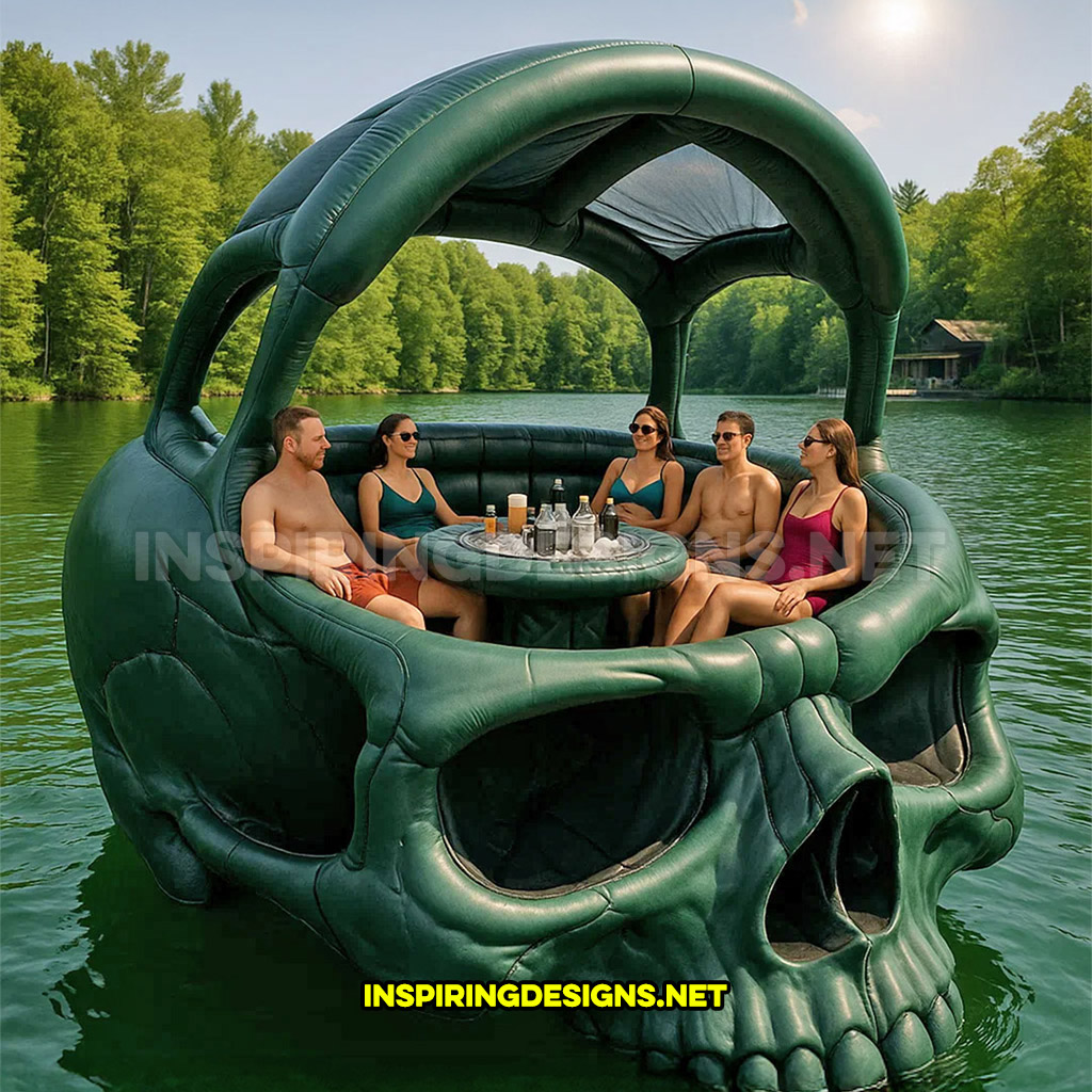 giant inflatable skull shaped lake float in a dark green and black color
