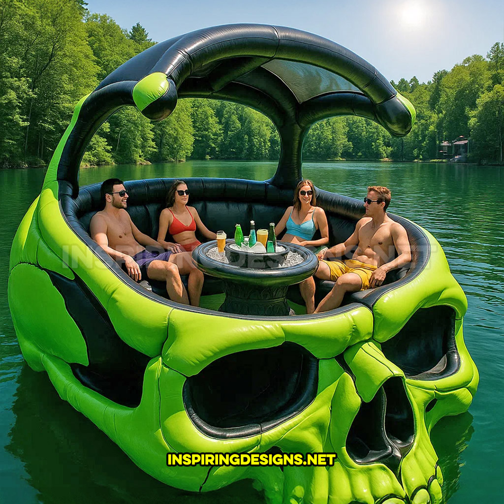 giant inflatable skull shaped lake float in a lime green and black color