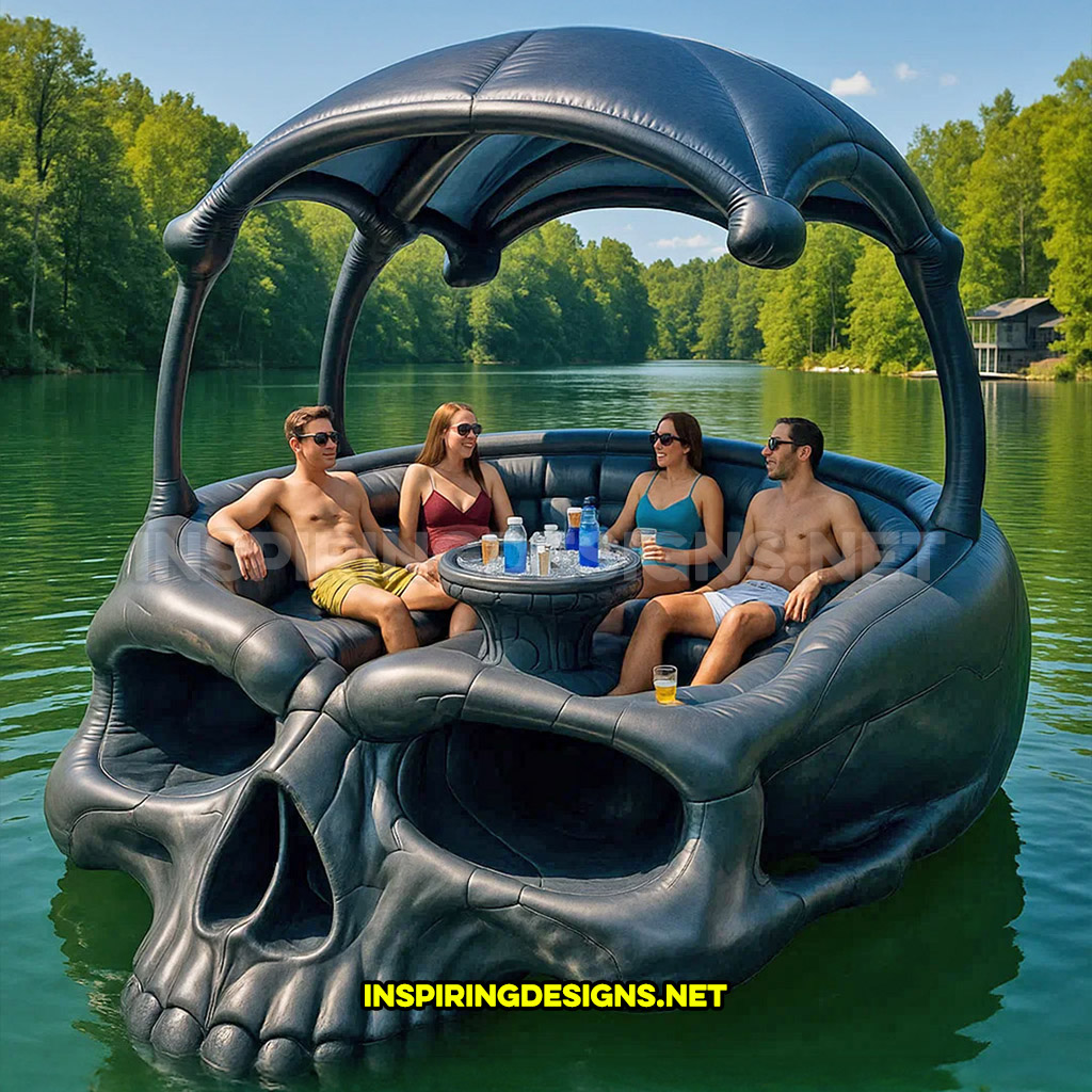 giant inflatable skull shaped lake float in a black color