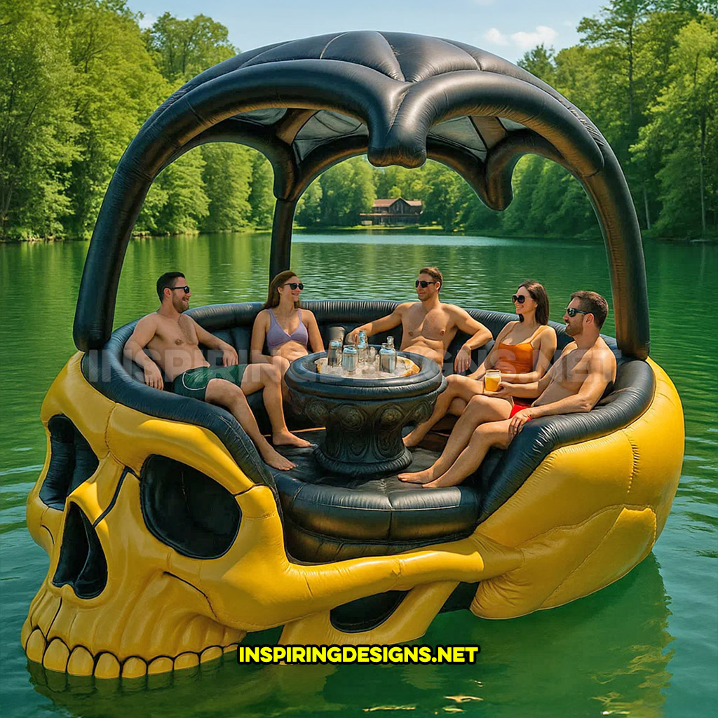 giant inflatable skull shaped lake float in a yellow and black color