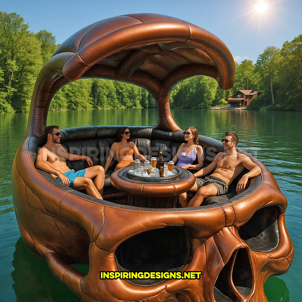 giant inflatable skull shaped lake float in a brown and black color