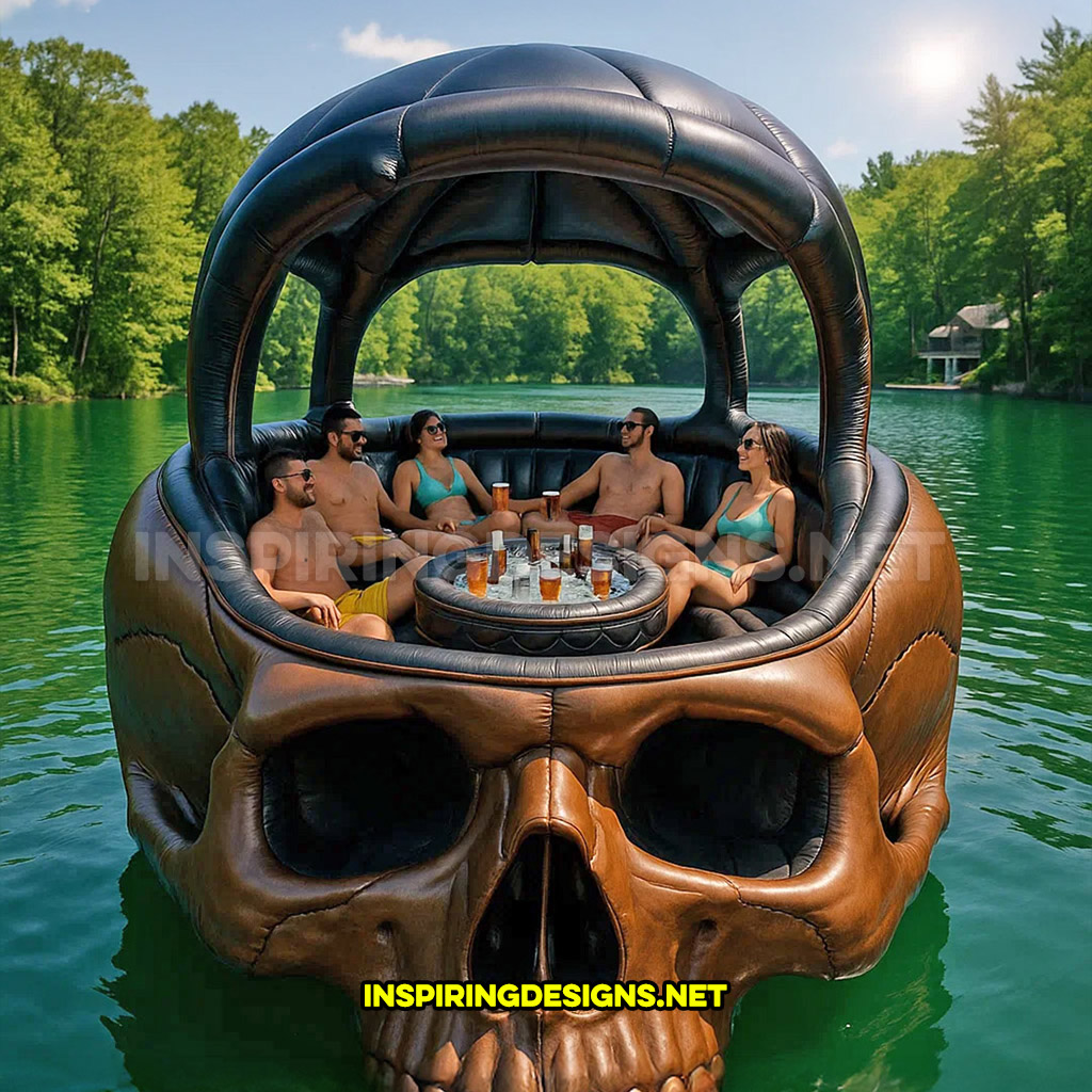 giant inflatable skull shaped lake float in a brown and black color