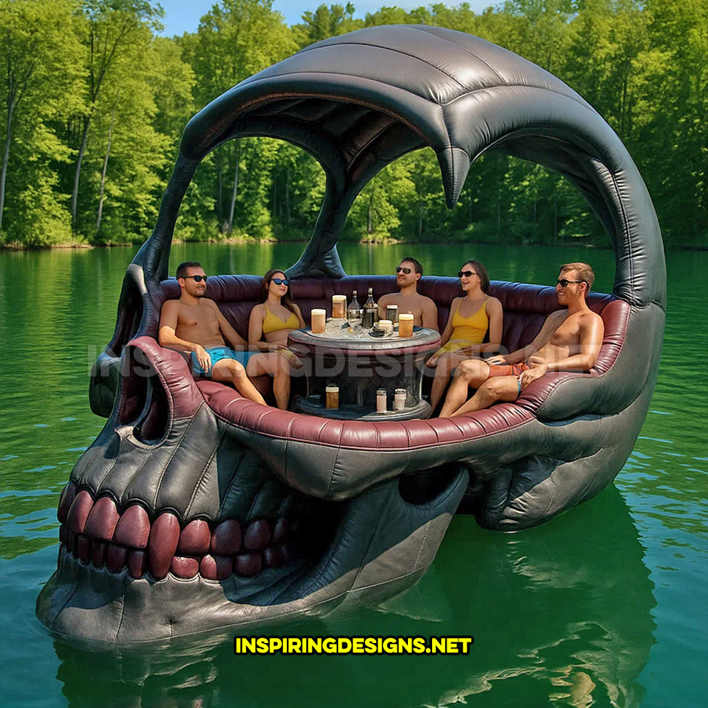 giant inflatable skull shaped lake float in a black and maroon color