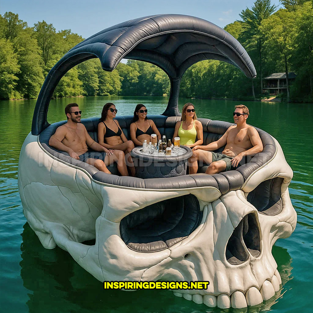 giant inflatable skull shaped lake float in a white and black color