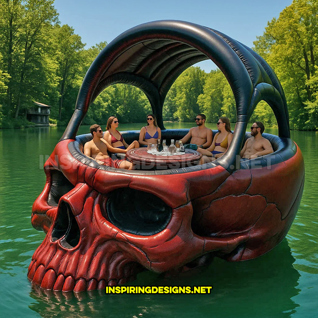 giant inflatable skull shaped lake float in a dark red and black color