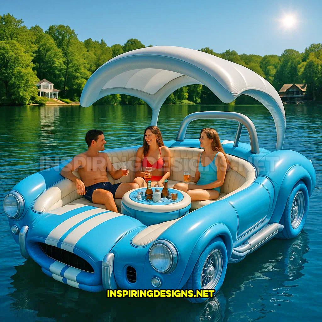 giant inflatable sports car shaped lake float in a blue and white classic Shelby Cobra design