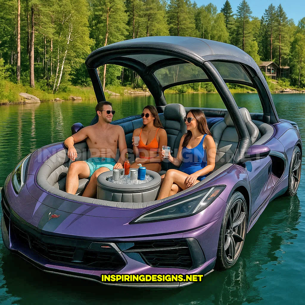 giant inflatable sports car shaped lake float in a purple Chevrolet Corvette design