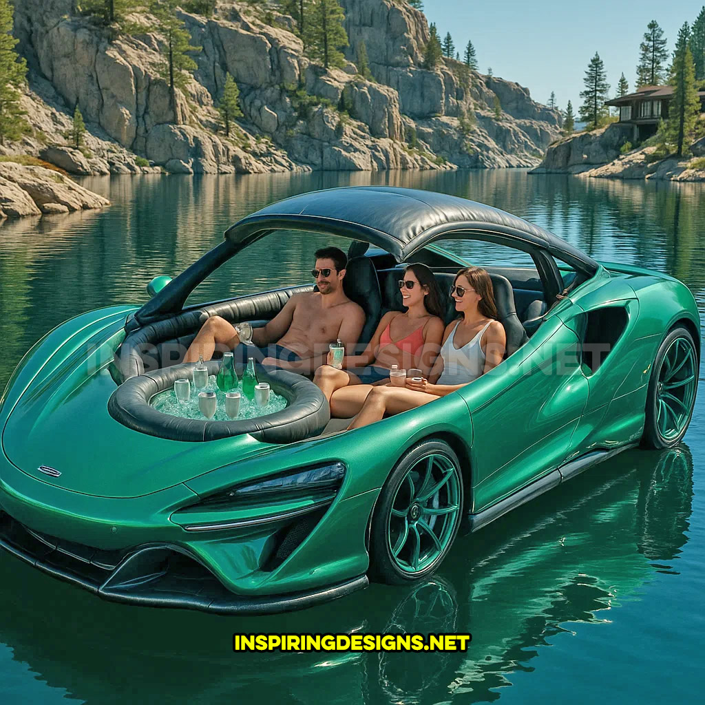 giant inflatable sports car shaped lake float in a green McLaren Artura design