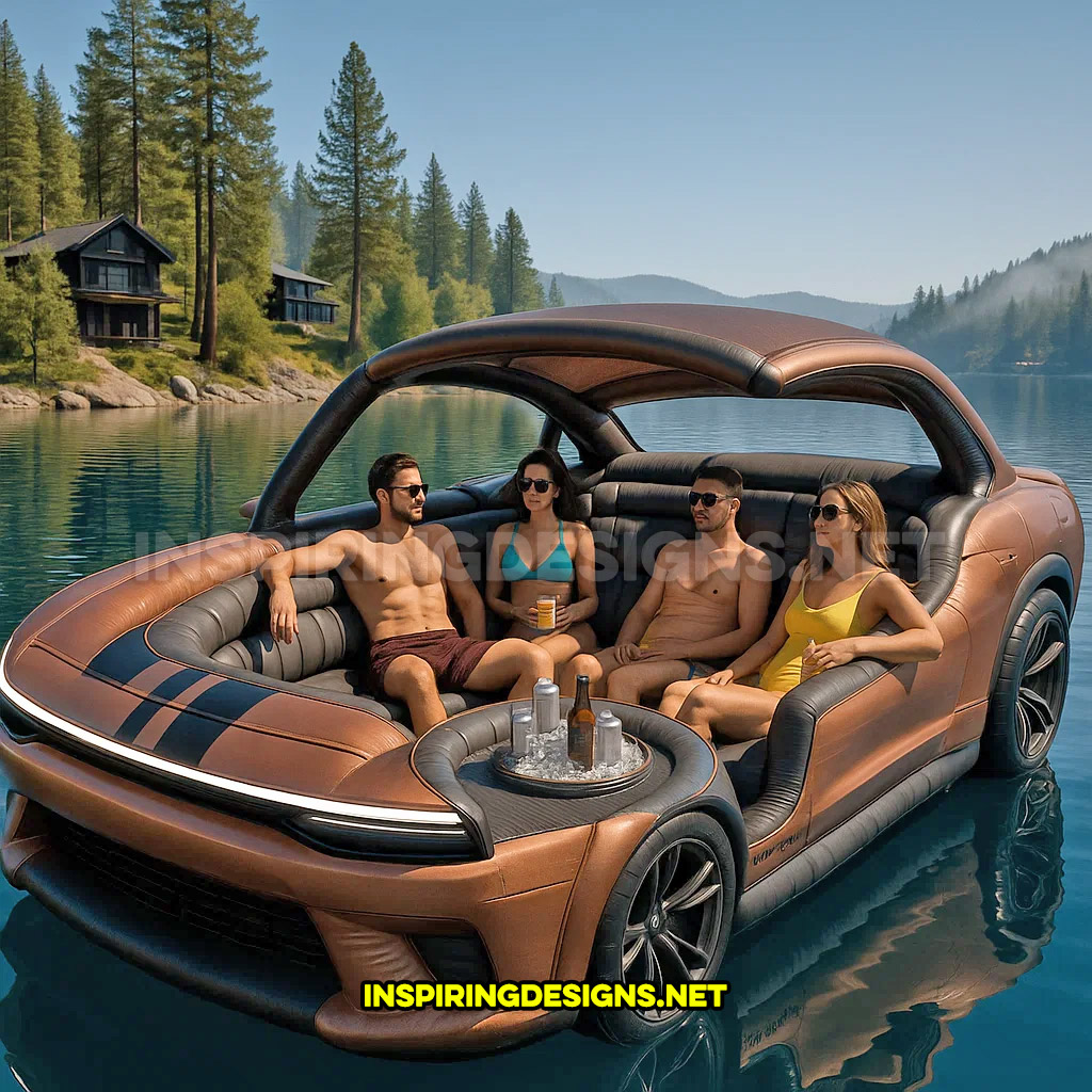 giant inflatable sports car shaped lake float in a brown Dodge Charger Daytona SRT Banshee design