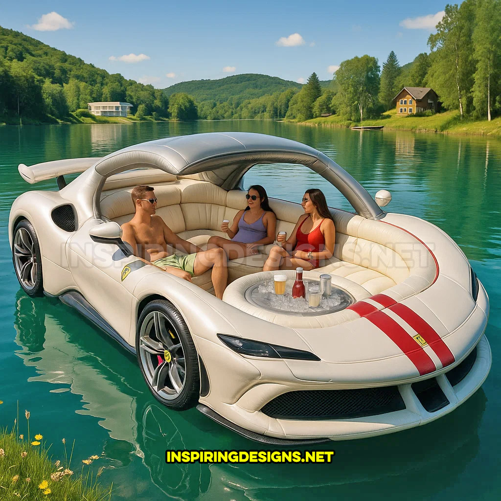 giant inflatable sports car shaped lake float in a white Ferrari SF90 Stradale design