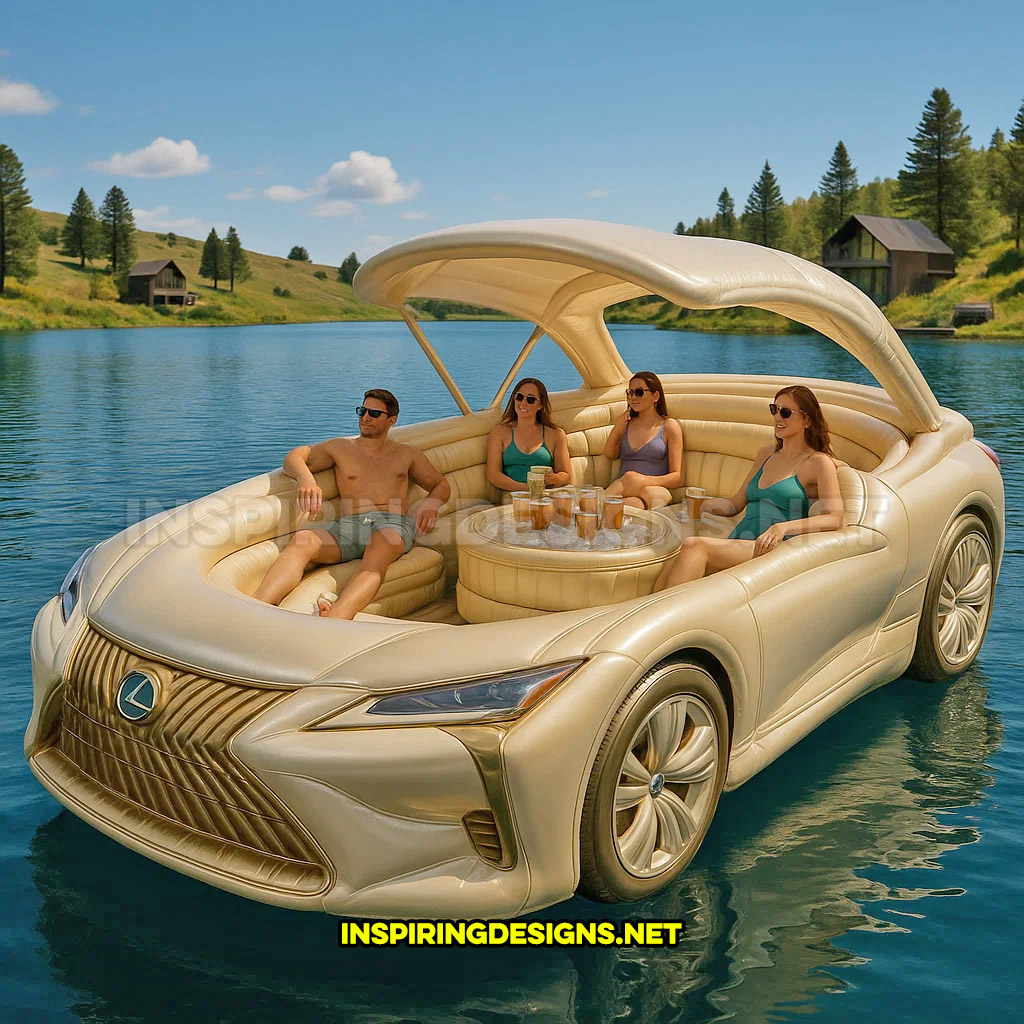 giant inflatable sports car shaped lake float in a cream Lexus LC 500 design