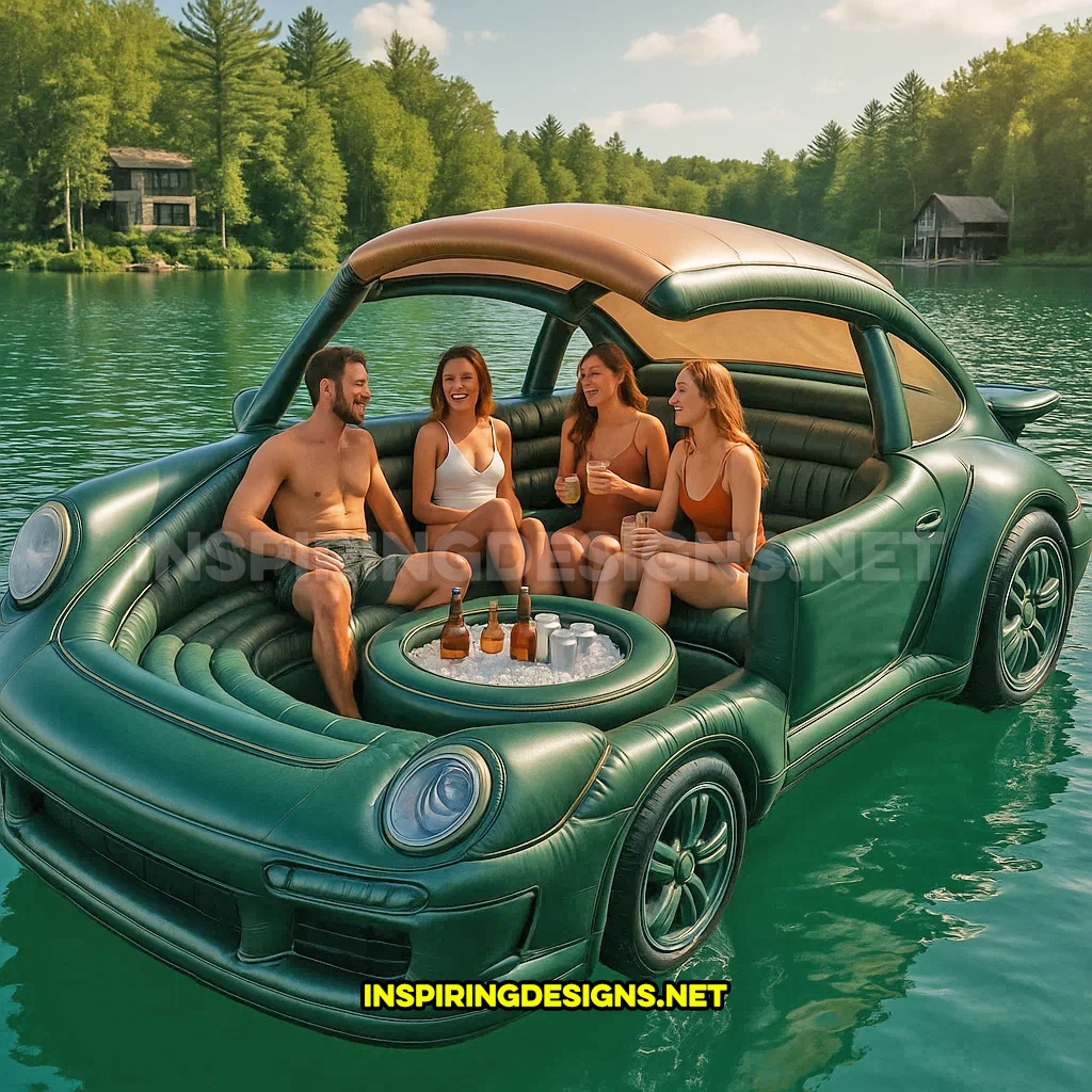 giant inflatable sports car shaped lake float in a green Porsche 911 design