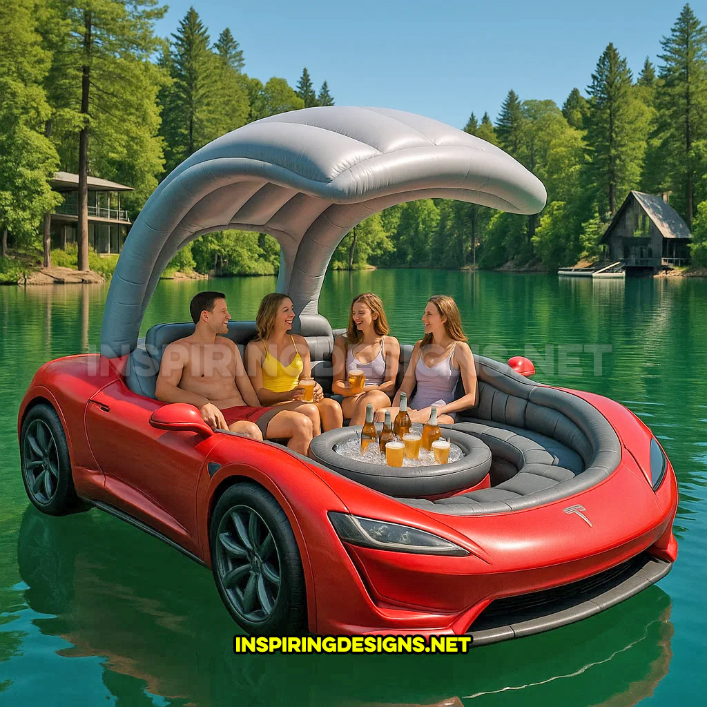 giant inflatable sports car shaped lake float in a red Tesla Roaster design