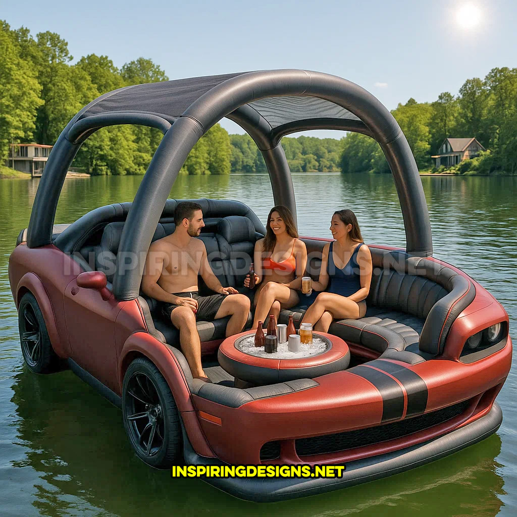 giant inflatable sports car shaped lake float in a maroon and black Dodge Challenger design