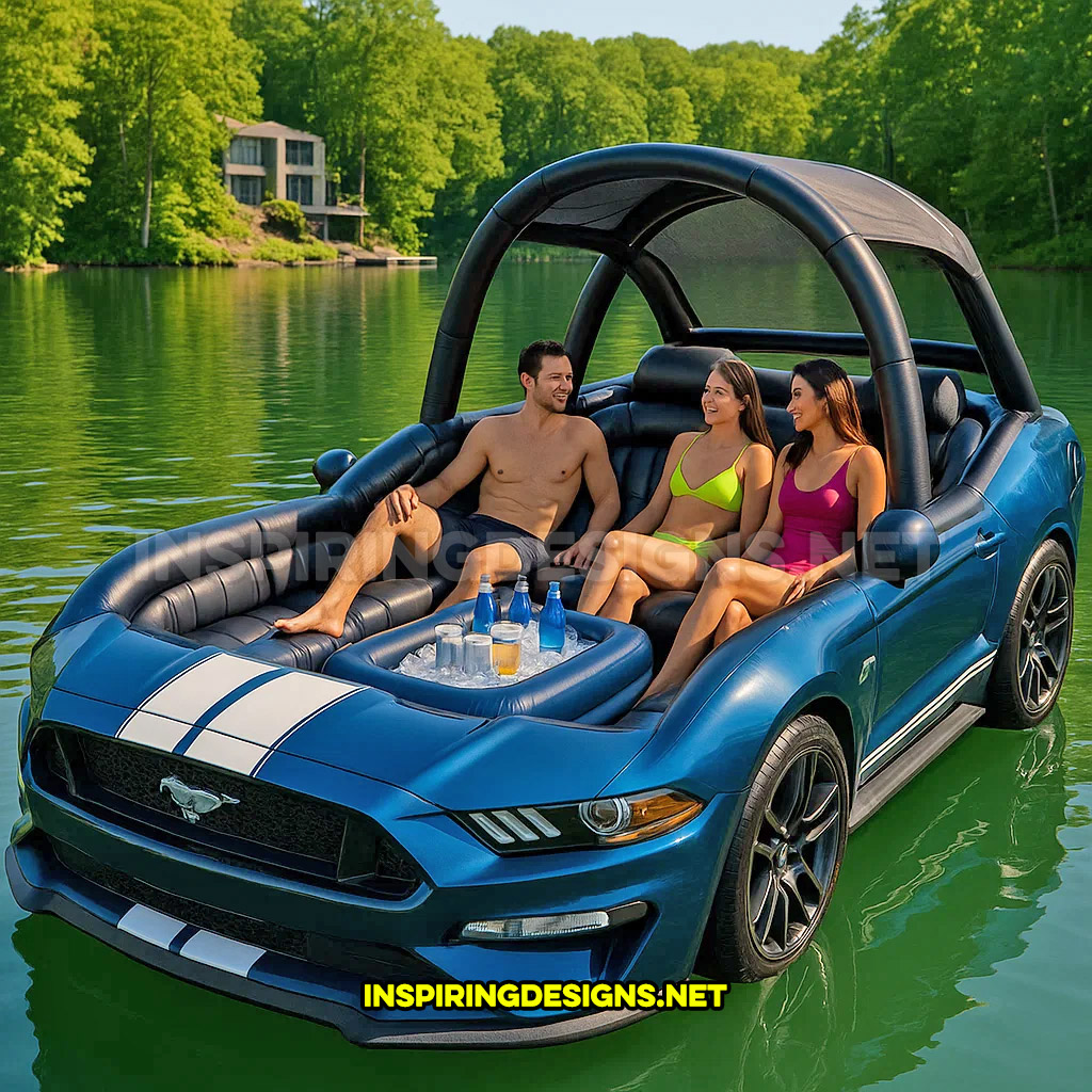 giant inflatable sports car shaped lake float in a blue and white Ford Mustang design