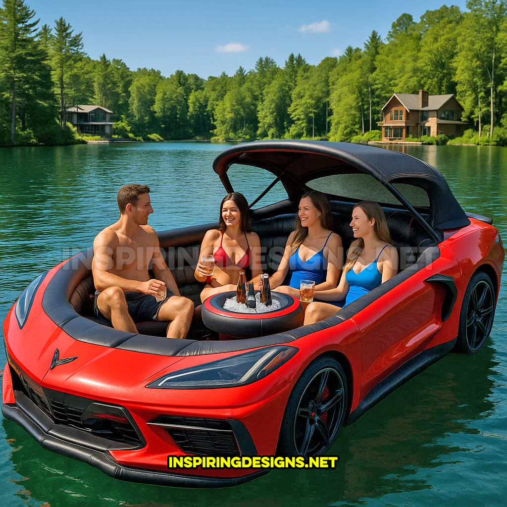 giant inflatable sports car shaped lake float in a red and black Chevrolet Corvette design