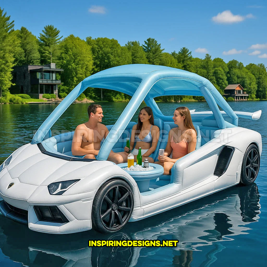 giant inflatable sports car shaped lake float in a white and blue Lamborghini Aventador design