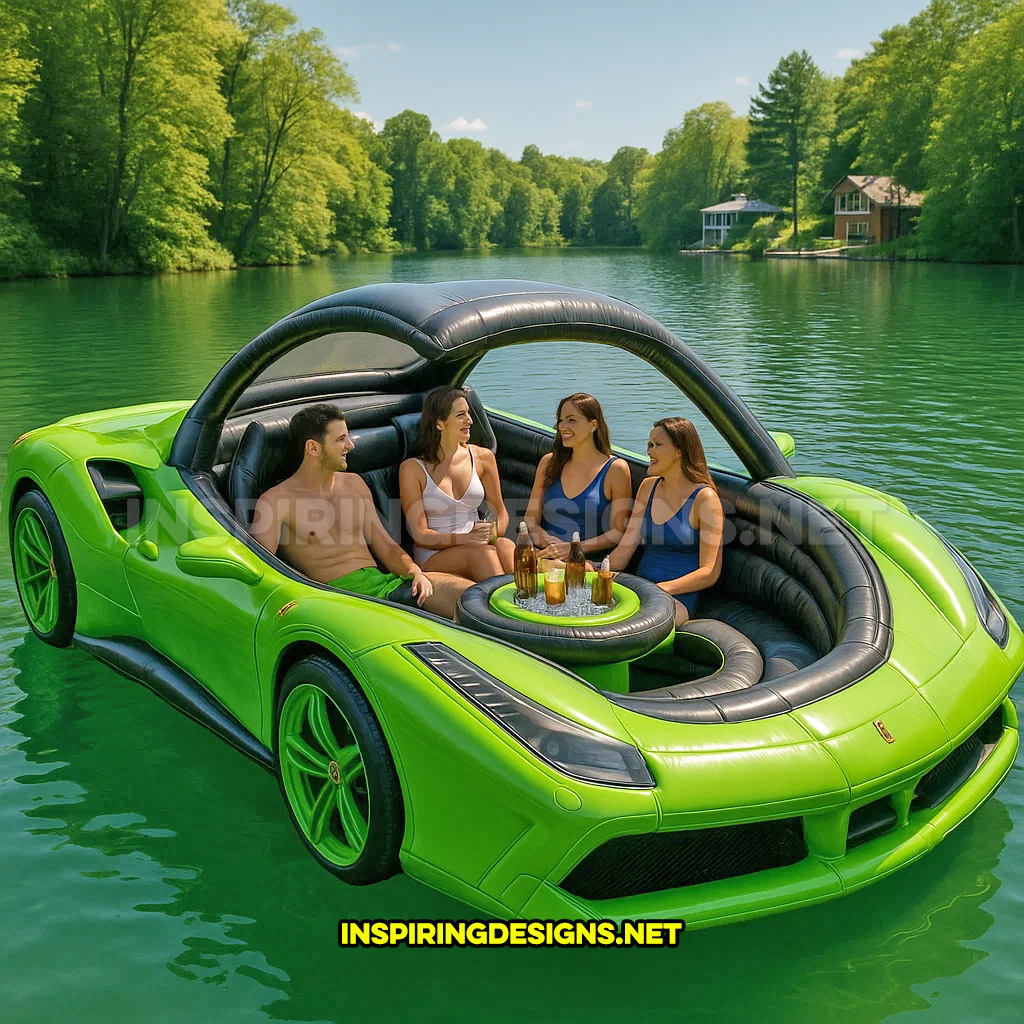 giant inflatable sports car shaped lake float in a lime green Ferrari 488 design