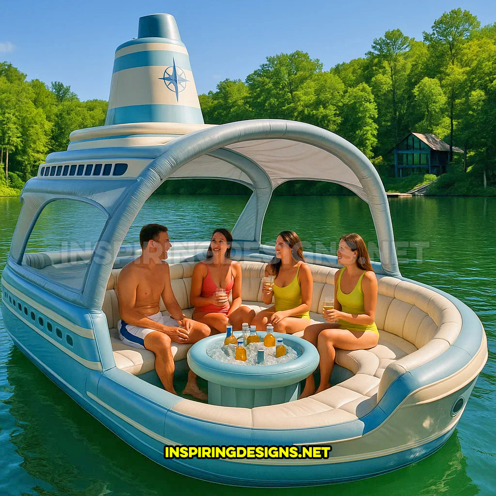 inflatable cruise ship shaped lake float in a light blue and white color
