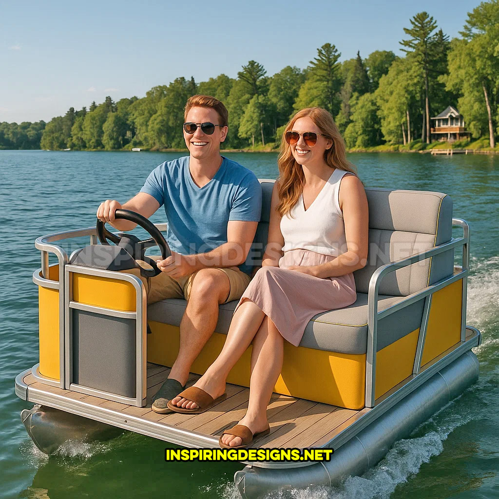 mini pontoon boat in a yellow and grey color
