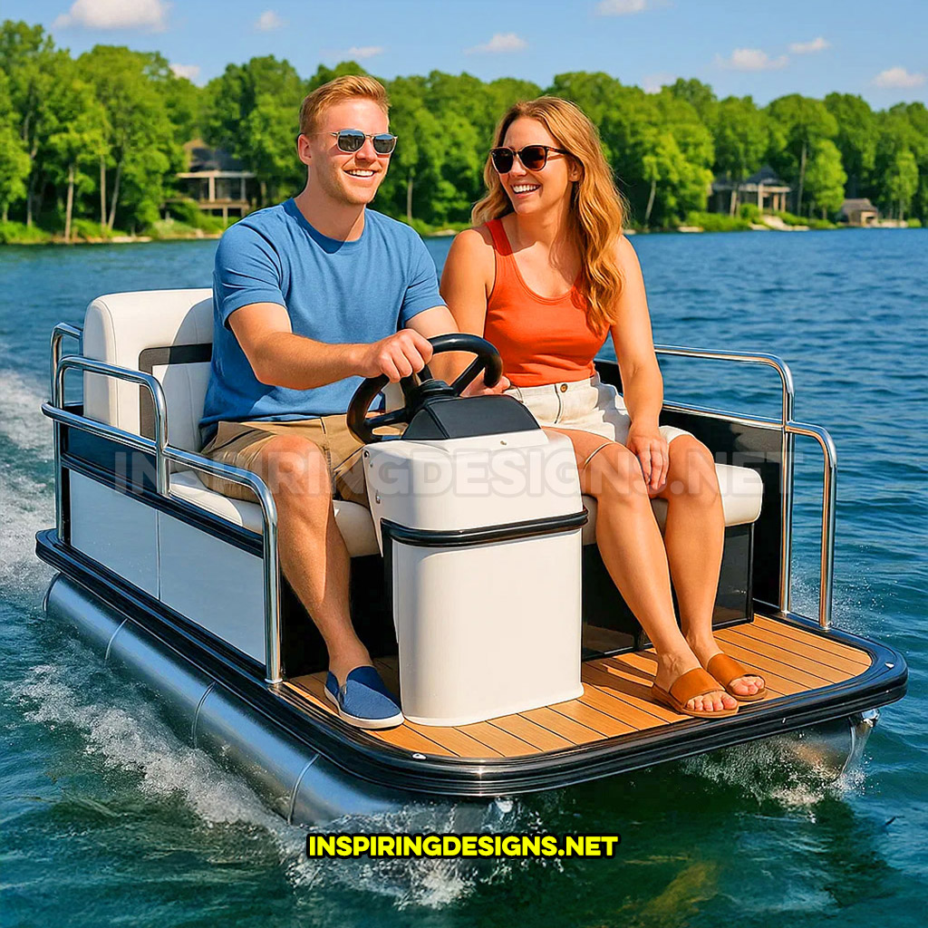 mini pontoon boat in a white and black color