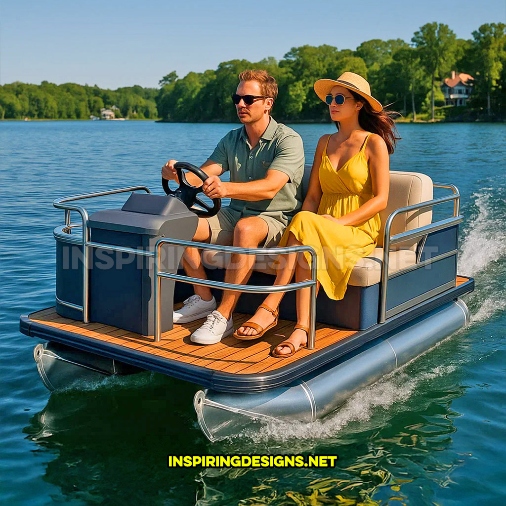 mini pontoon boat in a blue and cream color