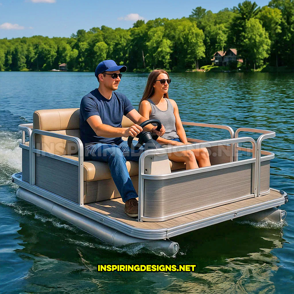 mini pontoon boat in a grey and cream color