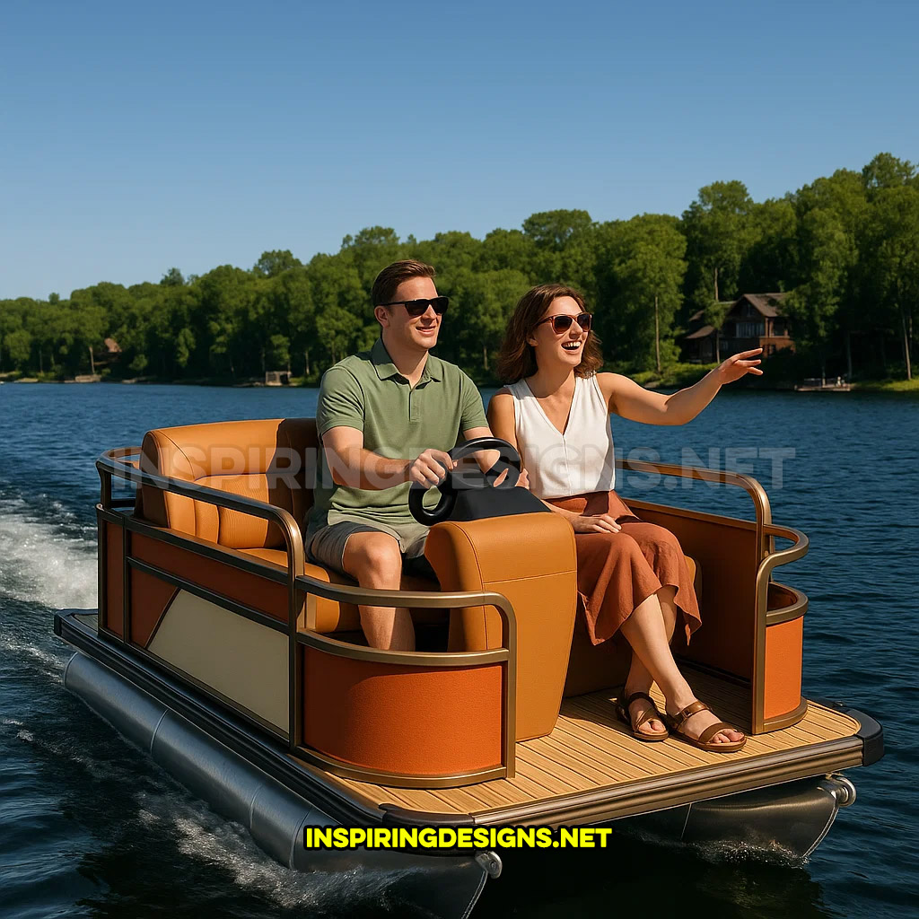 mini pontoon boat in a brown and maroon color
