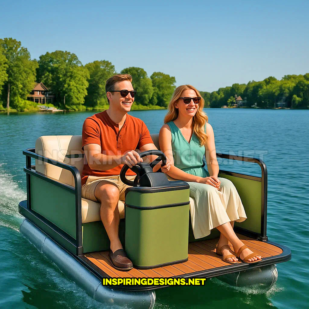 mini pontoon boat in a dark green and black color