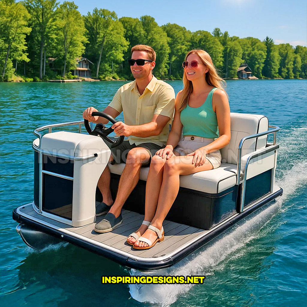 mini pontoon boat in a navy and white color