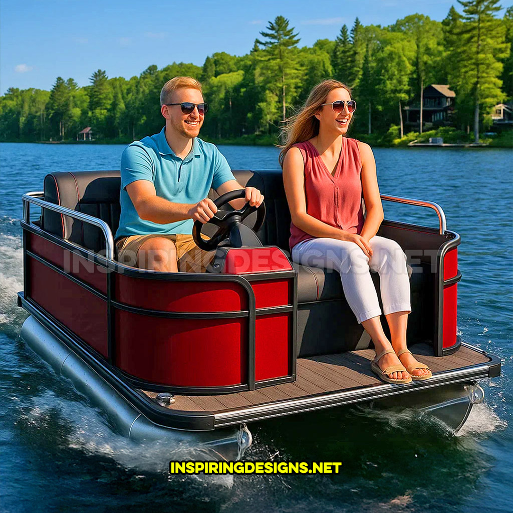 mini pontoon boat in a red and black color