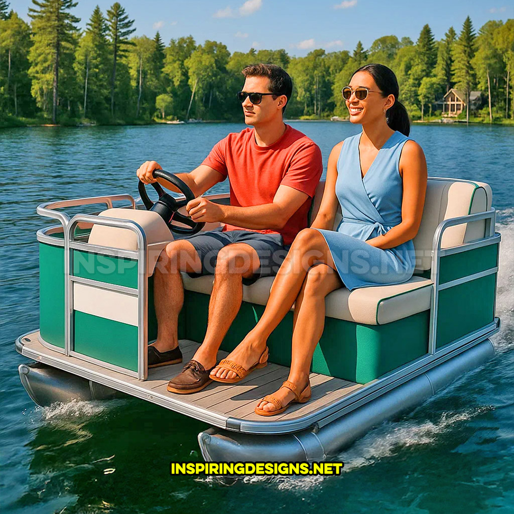 mini pontoon boat in a light green and cream color