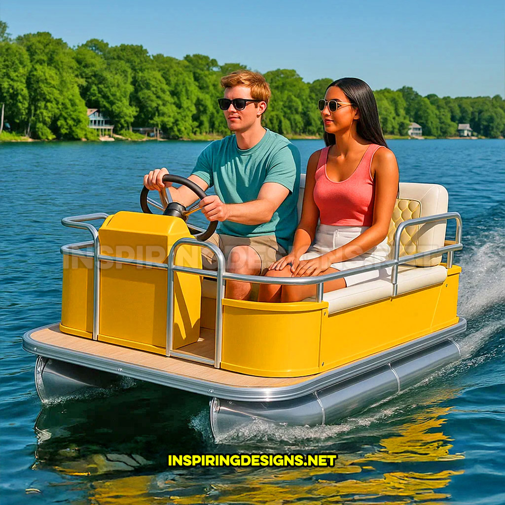 mini pontoon boat in a yellow and cream color