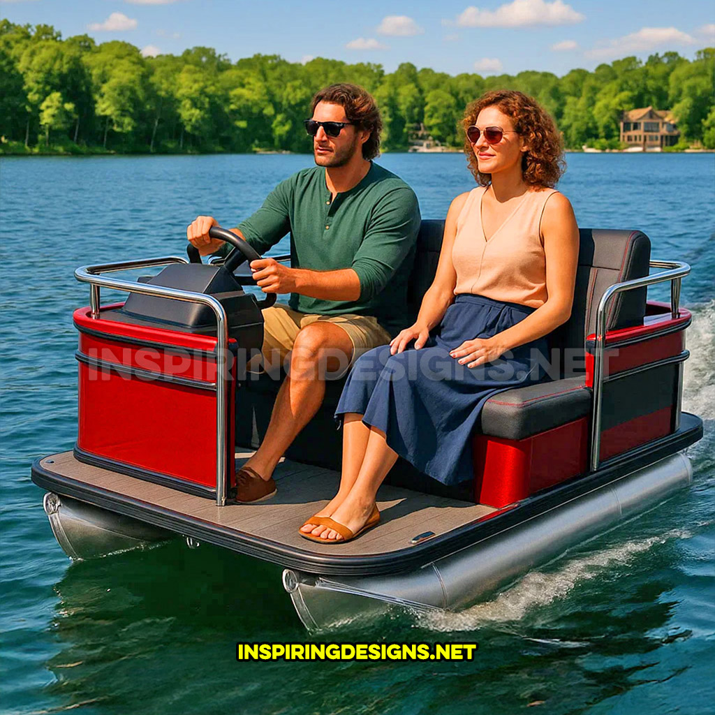 mini pontoon boat in a red and black color