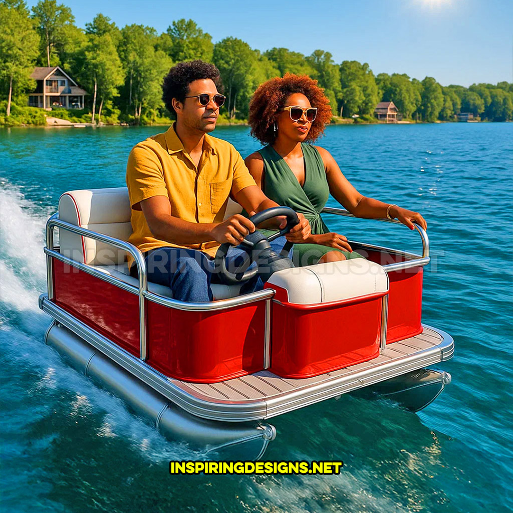 mini pontoon boat in a red and white color